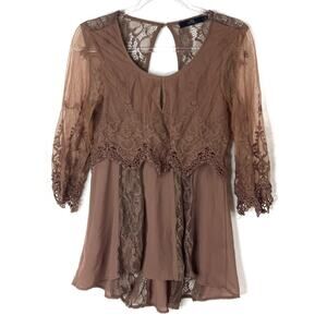 BKE Boutique | Brown Pierced Lace Open Back Gauze Top Boho Gothic Womens Small